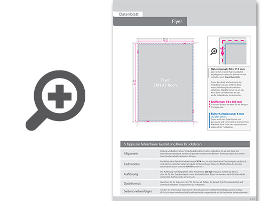 Product Bild multiloft-flyer_din_a7_hoch_(7_4_cm_x_10_5_cm)_beidseitig_folienkaschiert_matt_mit_einseitig_partieller_uv-lackierung__4_4_farbig_(beidseitiger_druck)