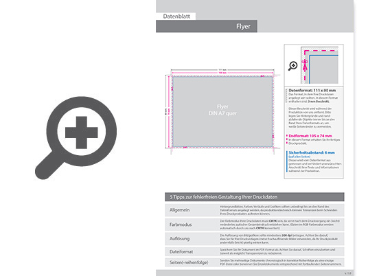 Product Bild multiloft-flyer_din_a7_quer_(10_5_cm_x_7_4_cm)_einseitig_folienkaschiert_gl__nzend_mit_einseitig_partieller_uv-lackierung__4_0_farbig_(einseitiger_druck)